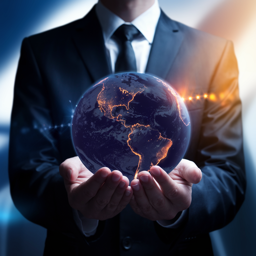 Businessman holding glowing globe representing global impact